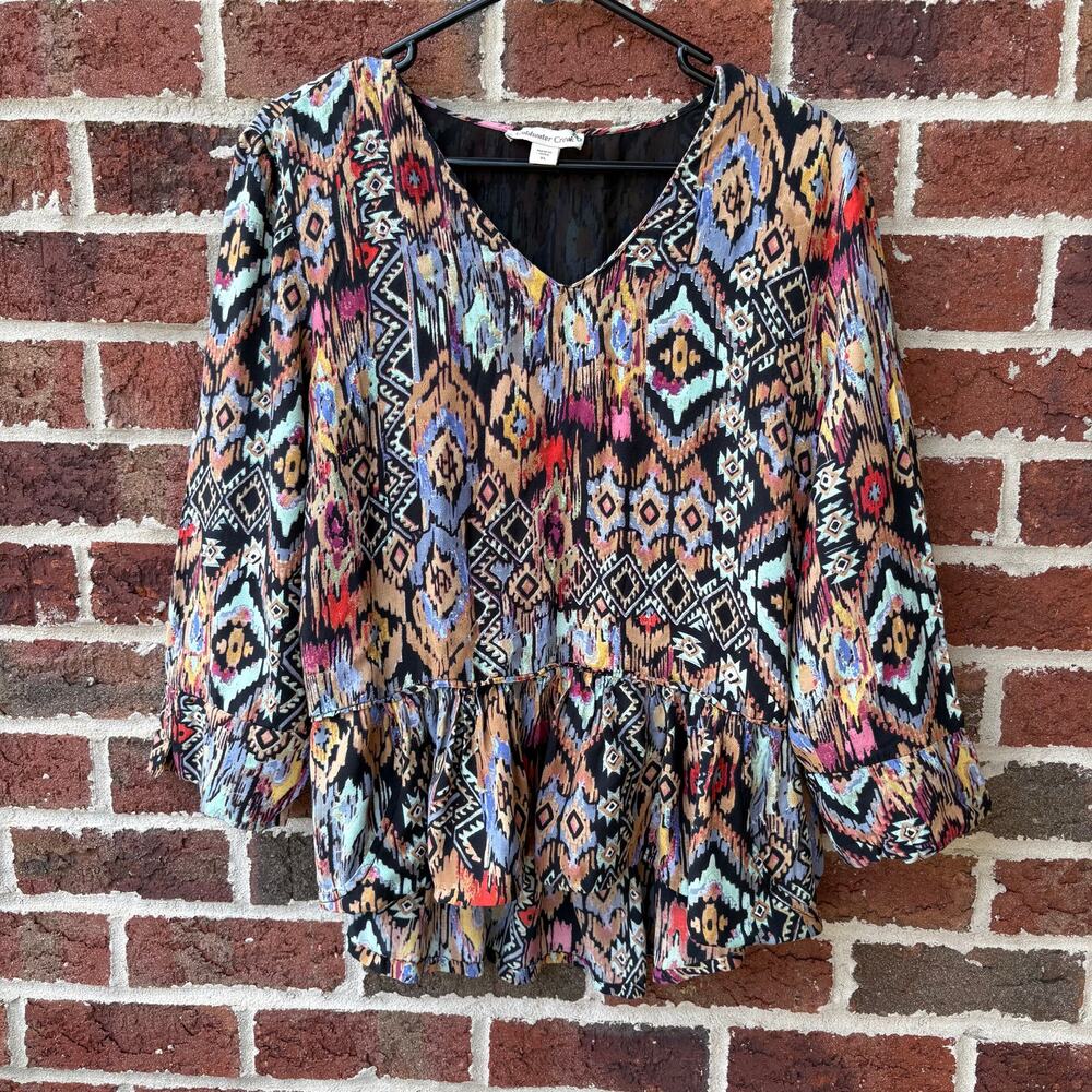 Coldwater Creek Geometric Ikat Print Peplum Blouse Tunic Top XL